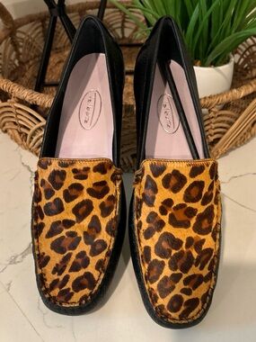 Talbots Calf Hair Leather Loafer Slip Ons Black and Leopard Print Womens 8B